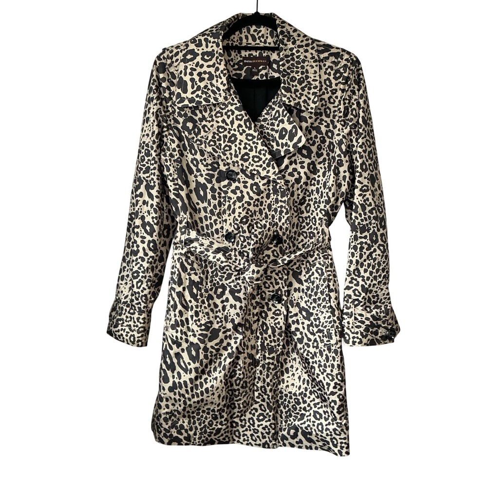 Dana Buchman Leopard Print Double Breasted‎ Belted Trench Coat Tan Black Large